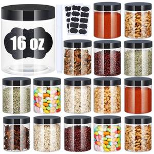 lot 53 image: Crazystorey Plastic Jars with Lids, 16 oz Plastic Containers with Lids Clear Airtight Container Storage Jar Mason Jars for Dry Food Peanut Butter Honey Jam Cosmetics, Pack of 16 (16 PCS Black Lids) - Retail $21