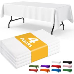 lot 107 image: Niuara White Plastic Table Cloth - 4 Pack 54 � 108 Rectangle Disposable Tablecloths for 6FT Tables, Table Cover for Party, Holiday & Gathering Use - Retail $8
