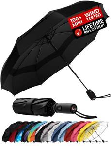 lot 108 image: Windproof Travel Umbrella - Compact & Withstands Winds up to 100MPH, Strongest Premium Auto Folding Umbrella for Rain and Sun - Durable, Light & Portable for Women & Men, Fits Backpack & Cars - Retail $41