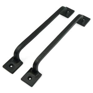 lot 116 image: CRAFTSMAN ROAD Black Cast Iron Pull Handles 9 inch (Squared Base, Set of 2) - Cabinet Door Handles, Gate Handle Pull, Barn Door Hardware, Grab Handles - Retail $20