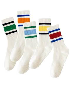 lot 120 image: Yawlsow 3 Pairs Pilates Grip Socks for Women Yoga Grippy Striped Retro Crew Socks Non Slip Sticky Barre Sock with Grippers (US, Alpha, One Size, Regular, Regular, Green  Blue  Orange  Yellow  Red) - Retail $20