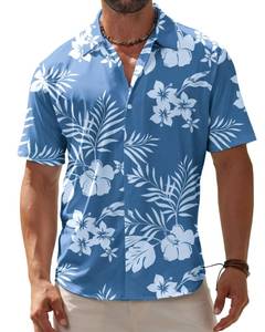 lot 131 image: BOJIN Mens Hawaiian Wrinkle Free Short Sleeve Button Down Tropical Floral Beach Vacation Shirt White Flower Blue L - Retail $20
