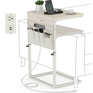 lot 163 image: Small Crack See Photos Vagusicc C-Shaped End Table with Charging Station, Small Side Table for Couch, 33 Tall C Table Adjustable Height Side Table, Couch Tables that Slide Under, Sofa Table TV Tray for Living Room, Cream - Retail $30