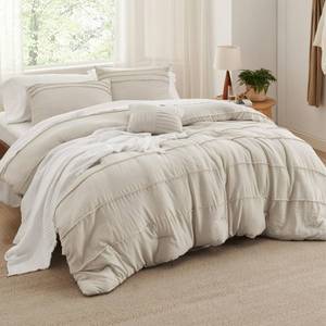 lot 178 image: Bedsure Queen Comforter Set 4 Piece, Beige Boho, Pinch Pleat, All-Season - Retail $28