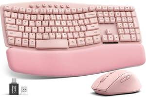 lot 200 image: Pink Wireless Keyboard and Mouse Combo, Ergonomic Wave, 30dB Quiet, MA41 - Retail $44