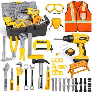 lot 201 image: Zealous 48pcs Kids Tool Set with Tool Box & Electronic Toy Drill, Pretend Play Construction Kits for Kids Ages 3-5 Years Old, Toddler Boy Toys - Retail $26