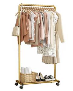 lot 219 image: Sakugi Clothes Rack - Clothing Rack with Storage Mesh Shelf & Casters, Heavy-Duty Metal Clothing Rack for Hanging Clothes, Dresses, Coats, Large Load Capacity, Easy Assembly, Gold, 28.0x16.9x59.0 - Retail $32