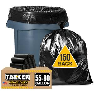 lot 226 image: Tasker 55-60 Gallon Trash Bags Heavy Duty  Mega ValuePack 150 Bags  Large Black Garbage Bags  for Office, Commercial, Outdoor, Lawn, and Leaf - Retail $60