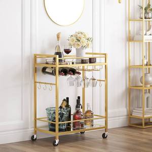 lot 235 image: TUTOTAK Gold Bar Cart with 2 Mirrored Shelves, Wine Rack & Glass Holder - Retail $53