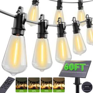 lot 246 image: PRE OWNED OOOLED 60FT Solar String Lights Outdoor Waterproof with Remote,Shatterproof ST38 20 LED Bulbs,2700K Dimmable Solar Lights Outdoor,Outside Hanging Lights for Patio,Garden,Camping,Deck,Backyard Decor - Retail $19
