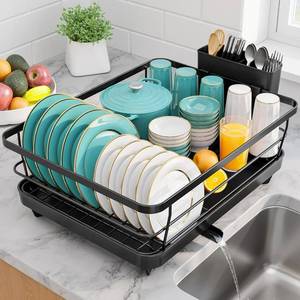 lot 252 image: Sakugi Dish Drying Rack - Stainless Steel Dish Rack with Drainboard for Kitchen Counter and Sink, 15.6 D x 12 W x 5 H, Black - Retail $71