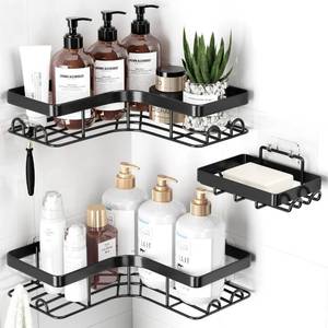 lot 254 image: Adhesive Pads Not Included Sakugi Corner Shower Caddy, Large, 3-Pack, Soap Holder & Hooks, Black - Retail $15