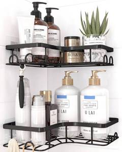 lot 256 image: Adhesive Pads Not Included Sakugi Black Corner Shower Caddy Adhesive No Drilling Bathroom Shelves - Retail $9