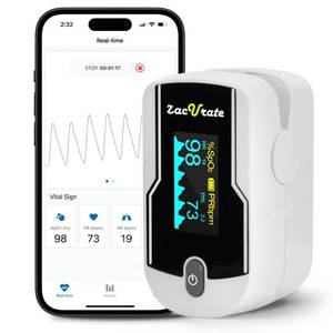 lot 257 image: Zacurate 500E-B Wireless Bluetooth Fingertip Blood Pulse Oximeter Monitor with FREE App, SpO2, Heart Rate, Plethysmograph, and Perfusion Index Finger Oxygen Sensor Meter - Retail $40
