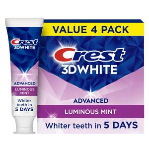 lot 18556 image: Crest 3D White Advanced Toothpaste, Luminous Mint, 3.7 oz (Pack of 4), Whiter Teeth in 5 Days, Enamel Safe Fluoride Toothpaste for Cavity Protection and Stain Removal - Retail $15