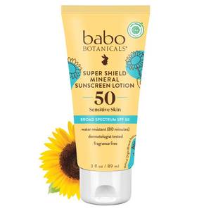 lot 18589 image: Babo Botanicals Sheer Mineral Sunscreen Lotion SPF 50 with 100% Mineral Active Ingredients for Babies, Kids or Extra Sensitive Skin, Lightweight, Water Resistant & Fragrance Free, 3 Fl Oz - Retail $19