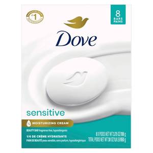 lot 18613 image: Dove Beauty Bar Soap Sensitive, 4 Bars for Sensitive Skin, Fragrance Free and Hypoallergenic 3.75 oz - Retail $13