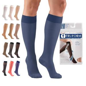 lot 18616 image: Truform Sheer Compression Stockings, 15-20 mmHg, Womens Knee High Length, 20 Denier, Blue, 3X-Large - Retail $18