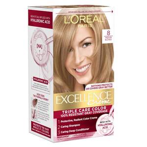 lot 18672 image: LOreal Paris Excellence Cr�me Permanent Hair Dye, Triple Care Hair Color with Hyaluronic Acid for 100% Gray Coverage, 8 Medium Blonde, 1 Kit (Packaging May Vary) - Retail $12