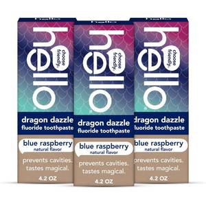 lot 18673 image: hello Dragon Dazzle Fluoride Kids Toothpaste, Blue Raspberry, 3 Pack, 4.2oz - Retail $13
