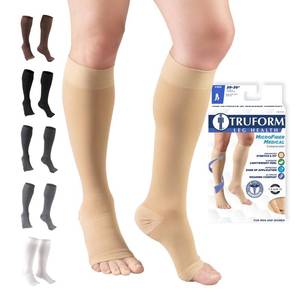 lot 18674 image: Truform 20-30 mmHg Compression Stockings for Men and Women, Knee High Length, Open Toe, Beige, 2X-Large - Retail $27