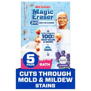 lot 18675 image: Mr. Clean Magic Eraser Sponge, Bathroom Cleaner, Shower Cleaner, Tub Cleaner, Soap Scum Remover, Bathroom Cleaning Supplies, Dawn Cleaning Power with Febreze Lavender Scent, 5ct - Retail $8