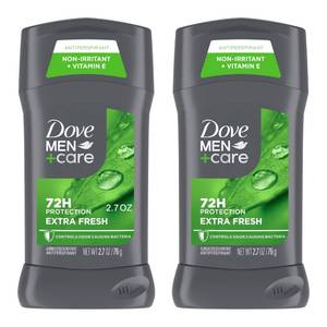 lot 18696 image: Dove MenCare Extra Fresh Mens Antiperspirant Deodorant Stick Extra Fresh Twin pack With 72-hour sweat & odor protection with 14 Moisturizing Cream & Long-lasting Citrus Scent 2.7 oz - Retail $14