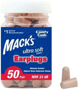 lot 18753 image: Macks Ultra Soft Foam Earplugs, 50 Pair - 33dB Highest NRR  Made in USA - Retail $10