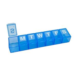 lot 18765 image: Amazon Basic Care 7-Day Weekly Pill Organizer, Portable Medicine and Vitamin Planner Box with Medium Compartments, Blue - Retail $4