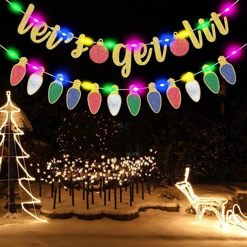 lot 67629 image: Glittery Gold Lets Get Lit Banner and Light Bulb Garland with Colorful Led Light Lets Get Lit Party Decorations Christmas Decoration Banner Ugly Sweater Party Decorations Xmas Holiday Party Decor