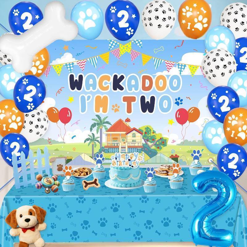lot 67968 image: Dog Birthday Party Decorations Set for 2nd Birthday, Blue Theme with Backdrop, Balloons, Cake Toppers and Tablecloth