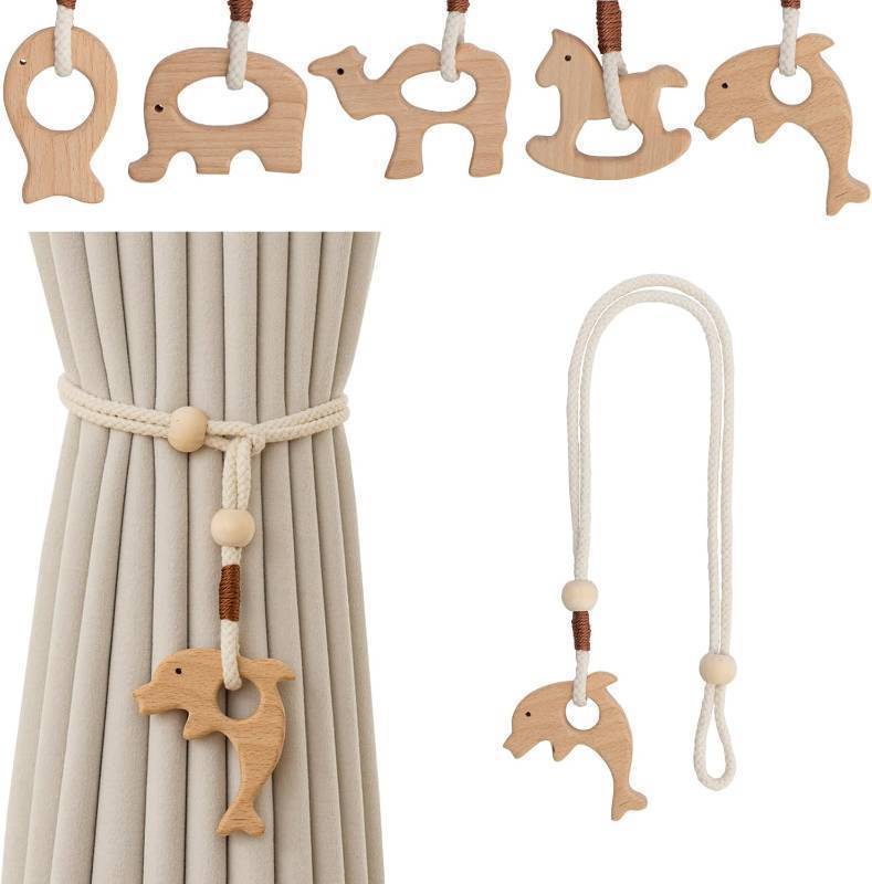 lot 69003 image: Wooden Animal Curtain Tie Backs- Cotton Rope Tiebacks Window Treatment Holdbacks with Natural Wood Beads for Home Outdoor Room Decor (2Pack, Dolphin)