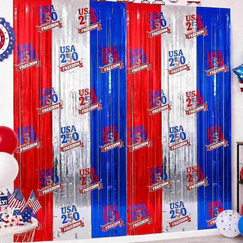 lot 69554 image: 2 Pack 250 Years of Freedom Foil Fringe Curtains 3.3x6.6ft Patriotic 4th of July Decorations Red White Blue Streamer Backdrop for 250th America Anniversary Independence Day Memorial Day Party Decor