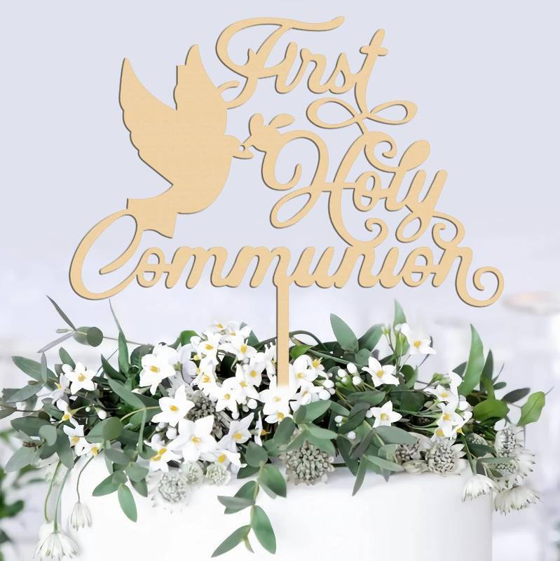 lot 69563 image: First Holy Communion Cake Topper - Rustic Wood Baptism Decorations Supplies, God Bless Baptism Cake Toppers for Boy and Girls, Photo Booth Props