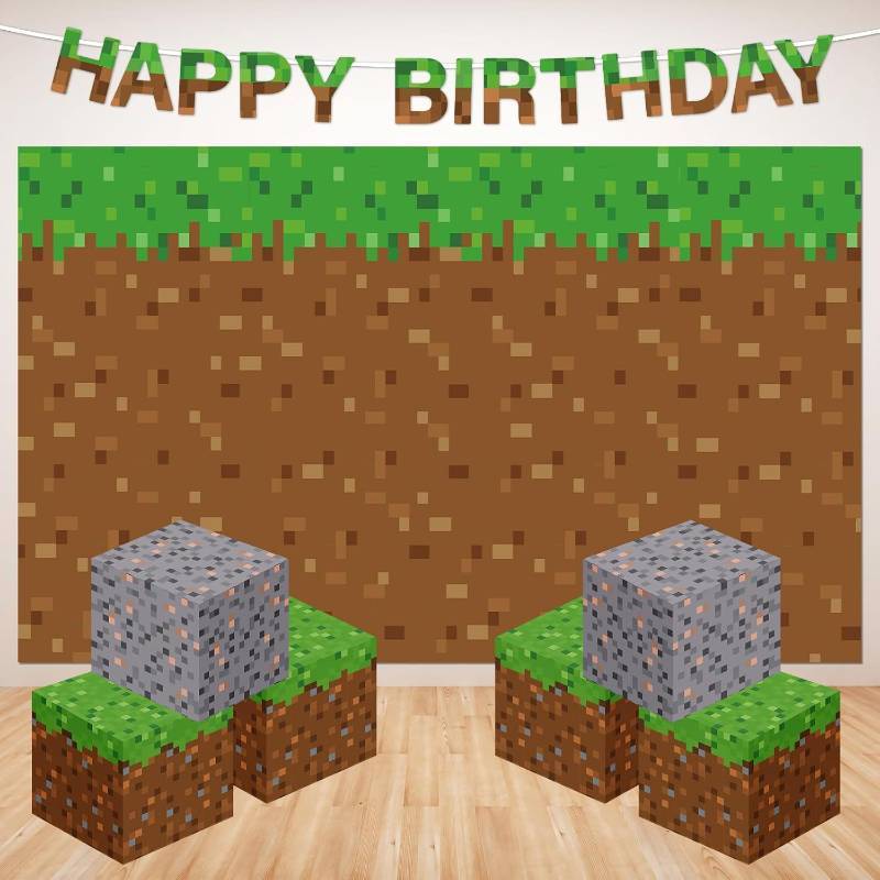 lot 66553 image: Pixel Birthday Party Decoration Kits Happy Birthday Party Supplies Pixel Game Theme Set Supplies with String Flag Grass Background Banner and Green Brown Boxes for Kids Video Game Parties Decors