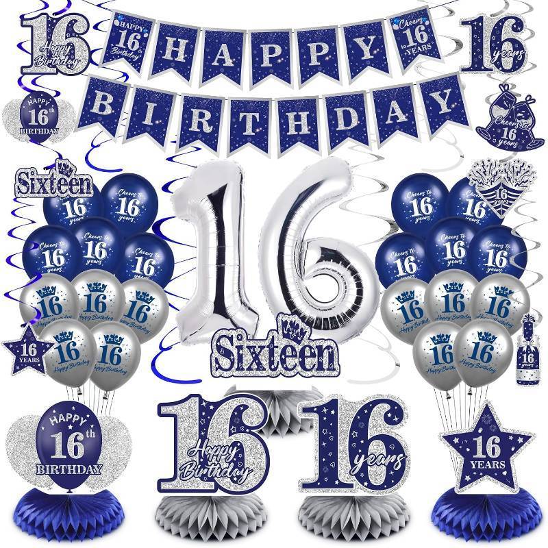 lot 66573 image: Blue 16th Birthday Decorations for Boys Girls, 47Pcs Navy Blue Silver Happy 16th Birthday Banner Balloons Honeycomb Centerpiece Hanging Swirls Kit for Cheer to 16 Years Old Party Supplies Decor