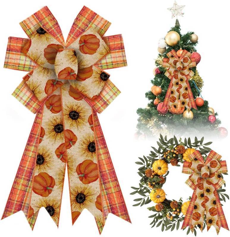 lot 66599 image: Large Estivaux Fall Bows for Wreaths - Thanksgiving Day Decorations in Natural Burlap, Orange Buffalo Plaid, Autumn Flowers