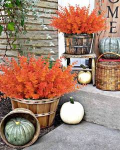 lot 446743 image: NEW Artificial Fall Eucalyptus Stems - 4 Pack Orange Outdoor UV Resistant Fake Plants