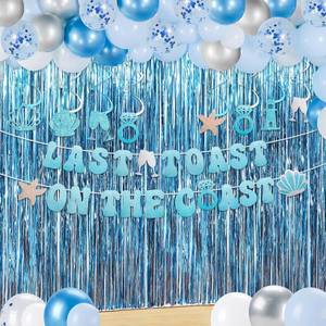 lot 66731 image: 84Pcs Last Toast on The Coast Bachelorette Decorations Blue Bachelorette Party Decorations Banner Balloons Swirls Blue Fringe Foil Curtain Photo Backdrop Beach Pool Costal Bachelorette Decor