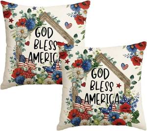 lot 66773 image: 18 x 18 (Pack of 2) AVOIN colorlife 4th of July Poppy Floral God Bless America Throw Pillow Covers, 18 x 18 Inch Independence Day Memorial Day America Flag Stars Leaves Decor Cushion Case for Sofa C