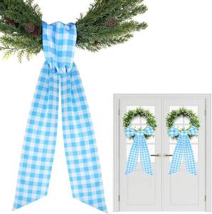 lot 66797 image: Blue Sash for Wreath Front Door - 2 Pcs Check Wreath Sashes for New Baby Party Spring Window Porch, 55.5 Inch Blank Cotton Plaid Wreath Sash for DIY Bow Embroidery Monogram