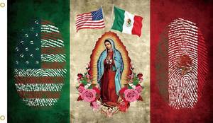 lot 66825 image: Mexican American Flag with Virgin of Guadalupe, Mexico USA Flag 3x5 Ft, Polyester, Indoor Outdoor Banner