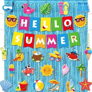 lot 66829 image: Summer Party Decorations, NO-DIY Beach Party Decorations Include 1 Pc Hello Summer Banner, 1Pc Blue Foil Fringe Curtain and 22 Pcs Hanging Decorations for Holiday Home Office Classroom