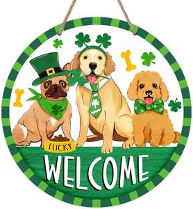lot 66836 image: 12x12 Deroro Welcome St Patricks Day Dogs Front Door Sign, Lucky Shamrock Clover