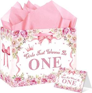 lot 66871 image: 1 Count (Pack of 1) LOYUJI Large 1st Birthday Gift Bag, Pink Bow First Birthday Gift Bag with Card and Tissue Paper, Girls Just Wanna Be One Bday Decorations for Baby Girls, One Year Old Girl Bday Par