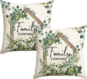 lot 66895 image: AVOIN colorlife Family is Everything Spring Floral Throw Pillow Covers, 18 x 18 Inch Eucalyptus Flowers Summer Cushion Case Decoration for Sofa Couch Living Room Bedroom Home Decor Set of 2