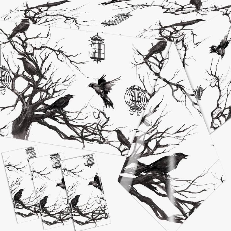 lot 69218 image: 70.8 inches x 42.5 inches Gothic Halloween Decor Silhouette Tree Table Cover, 3Pcs Black Crows Plastic Tablecloth for Horror Theme Birthday Party Supplies