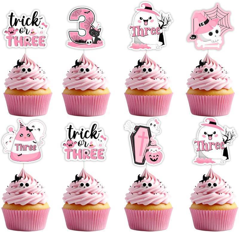 lot 69307 image: 24 Count (Pack of 1) Jollyboom Halloween 3rd Birthday Party Decorations Girl, 24pcs Trick or Three Cupcake Toppers Ghost Pumpkin Cat Double-Sided Decor for Pink Black Halloween 3 Year Old Birthday Par