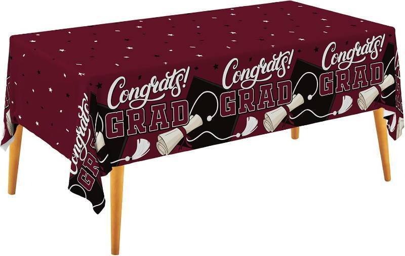 lot 69343 image: 54x108 inches Gatherfun Graduation Decorations 2026 Kit - 2 Pcs Maroon Gongrats Grad Tablecover for Party Decorations Graduation Plastic Table Covers 54x108