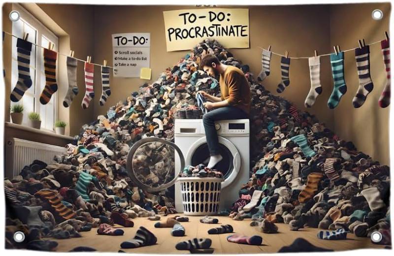 lot 69378 image: 3x5 Feet Polyester Meme Flag with Quote To-Do Procrastinate with Four Brass Grommets - Polyester Man On A Washing Machine Tapestries Banner for Bedroom - Single Sided Funny Sock Indoor Flag